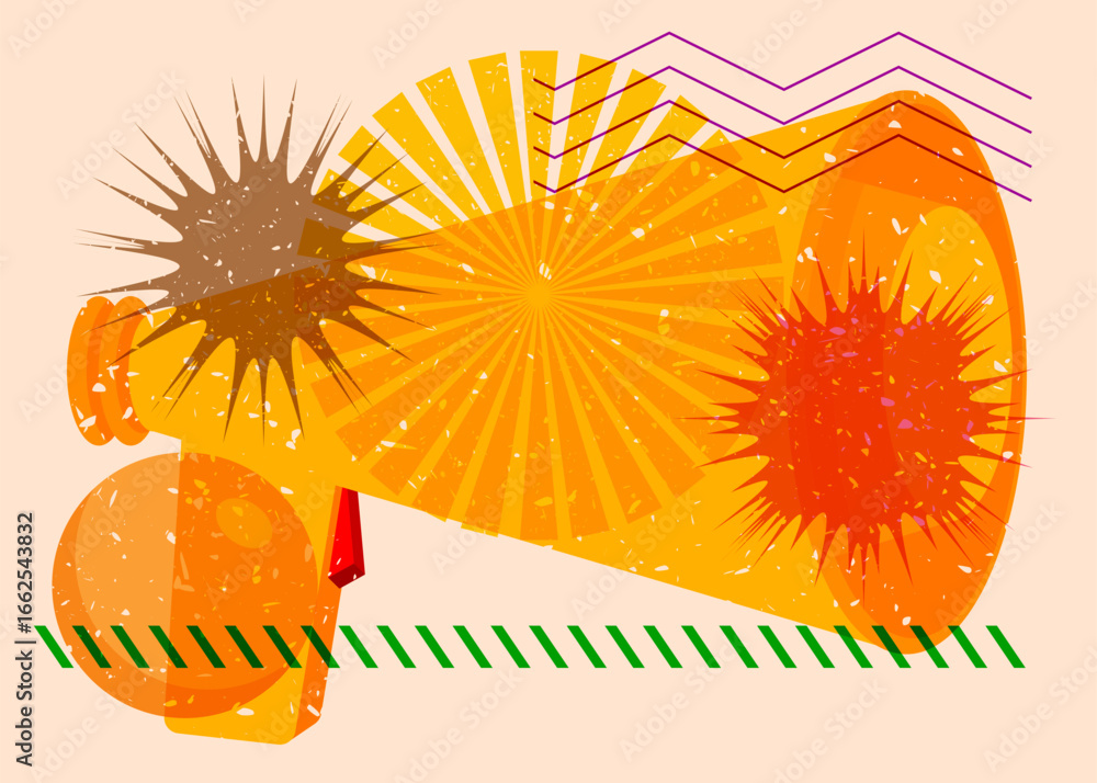 Poster risograph megaphone with geometric shapes. objects in trendy riso graph print texture style design w