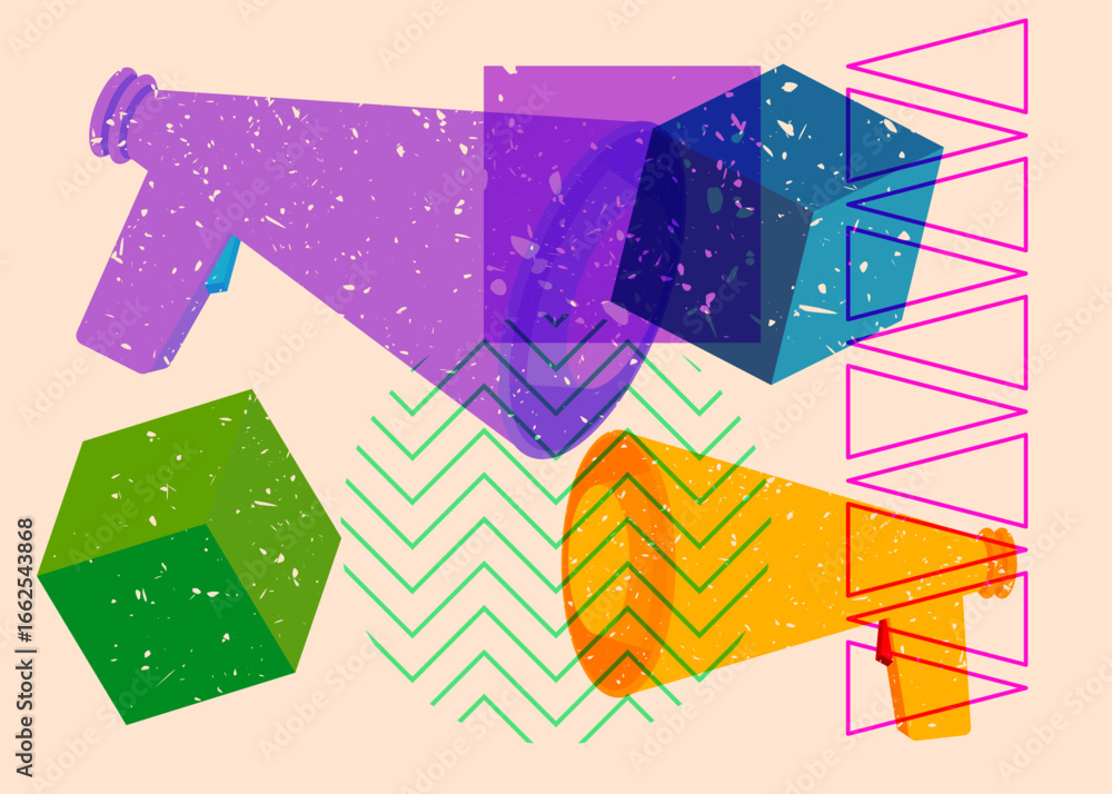 Poster risograph megaphone with geometric shapes. objects in trendy riso graph print texture style design w