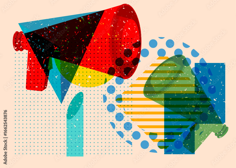 Poster risograph megaphone with geometric shapes. objects in trendy riso graph print texture style design w