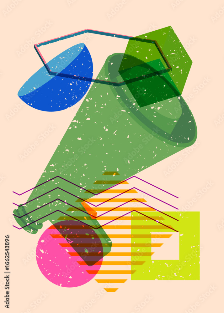 Poster risograph megaphone with geometric shapes. objects in trendy riso graph print texture style design w