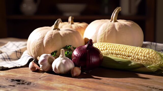 Fall Harvest Still Life with White Pumpkins Corn Red Onion and Garlic on Rustic Wooden Table