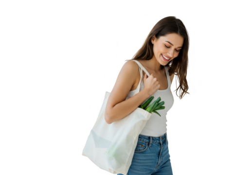 Woman carrying a reusable shopping bag with produce isolated on white isolated on transparent background - Powered by Adobe