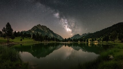 Nighttime Milky Way Reflection on Mountain Lake Landscape