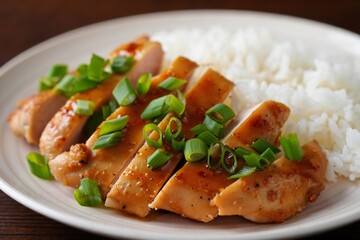 Chicken with rice and green onions on a plate