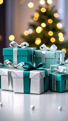 Wrapped gifts against a blurred Christmas tree