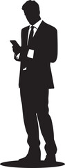 A black and white silhouette of a man in a suit, standing and holding a tablet.