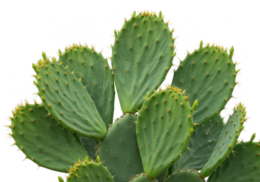 Close up of a green prickly pear cactus plant isolated on transparent background