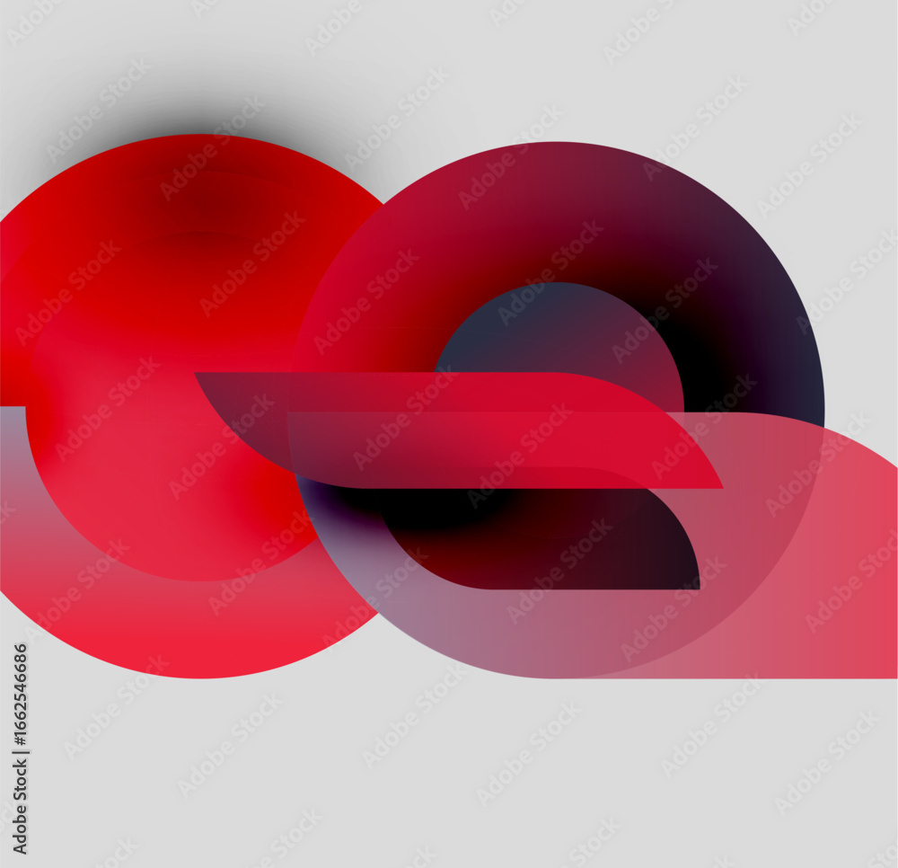 Poster abstract red shapes overlap, creating dynamic composition. gradient colors suggest depth, form moder
