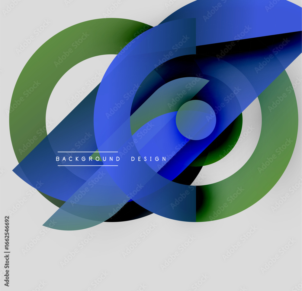 Poster abstract geometric shapes overlap, creating dynamic visual effect. blue, green hues dominate neutral