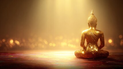 A golden Buddha statue with a serene expression, sitting on a wooden platform with a soft, golden light behind it.