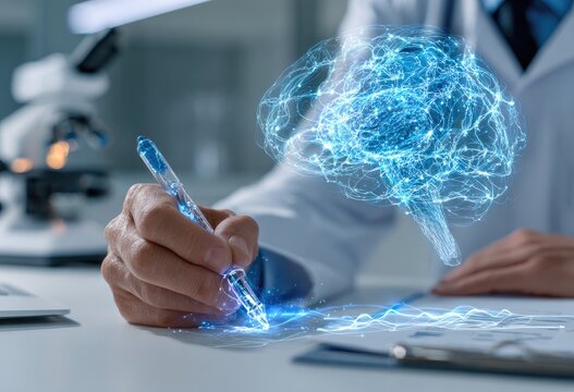A doctor's hand, holding a pen, writes over holographic brain data