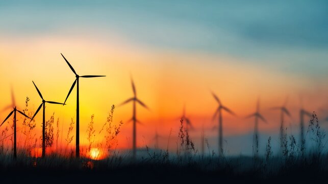 A serene sunset landscape with wind turbines silhouetted against a vibrant sky.
