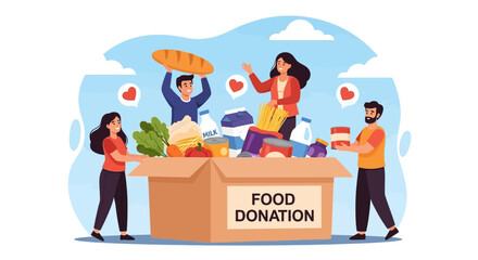 Group of happy people collecting food for a charitable cause. Humanitarian aid and social assistance vector concept