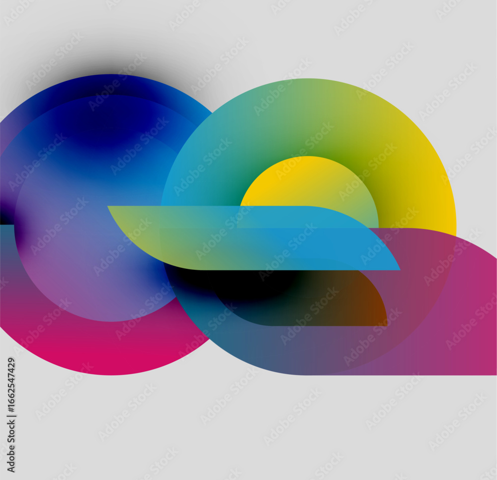 Poster abstract colorful shapes overlap, creating dynamic visual composition. gradients blend hues, forming