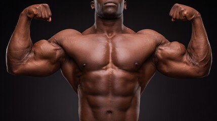 A muscular man flexing his biceps against a black background.