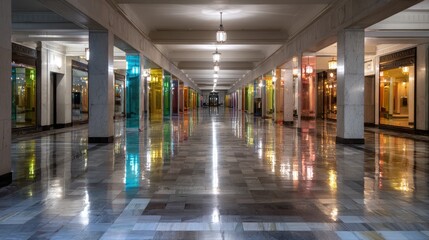Fototapeta premium Long hallway with colorful store reflections