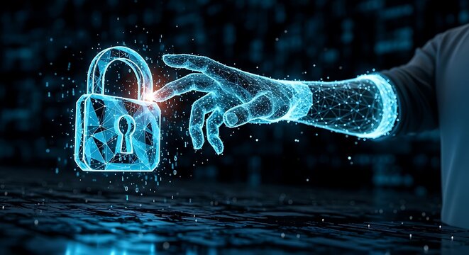 Cybersecurity hand unlocking digital padlock with advanced technology for ultimate protection and data privacy