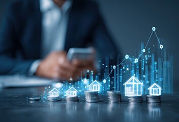 Businessperson overseeing rising house icon graphic overlay on stacks of coins