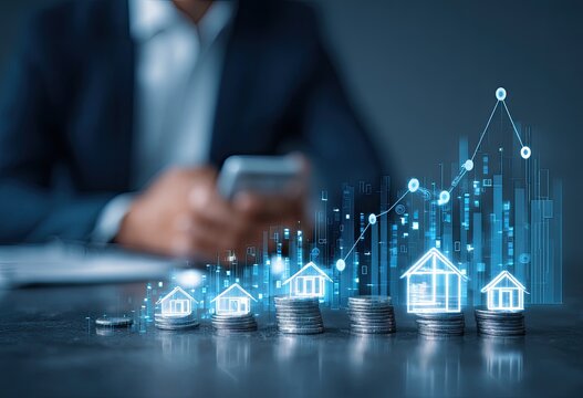Businessperson overseeing rising house icon graphic overlay on stacks of coins