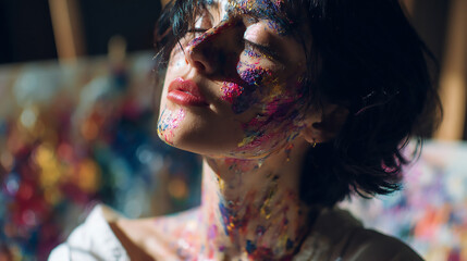 Woman Artist Covered in Paint, Creative Expression, Studio Portrait