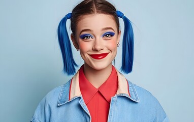 Happy Girl Blue Hair Red Lipstick Denim Jacket Portrait