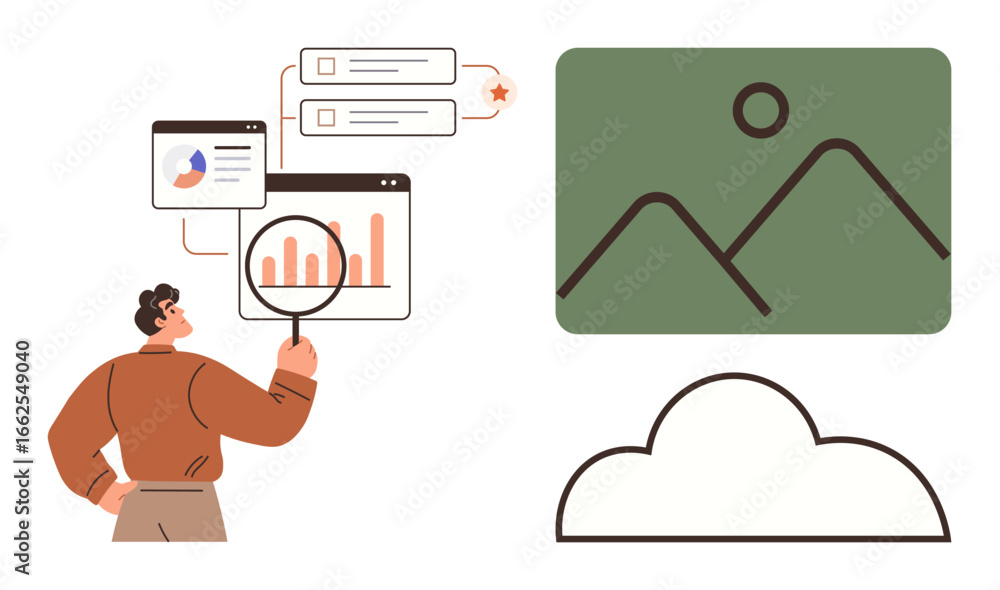 Poster man analyzing bar charts and diagrams with magnifying glass, surrounded by cloud storage, metadata, 