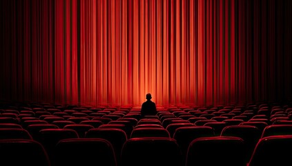 Silhouette of a single person seated in a dark movie theater, in front of vibrant red curtains
