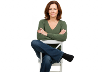 Middleaged woman sitting with crossed arms on a chair isolated on transparent background