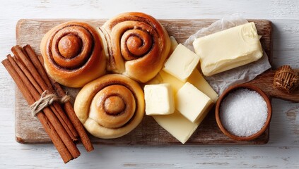 Cinnamon rolls, butter, cinnamon sticks, and salt on a wooden board