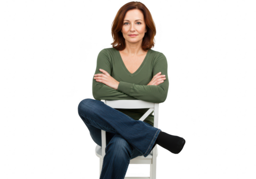 Middleaged woman sitting with crossed arms on a chair isolated on transparent background