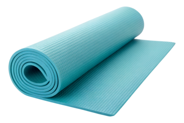 Rolled teal exercise mat isolated on transparent background