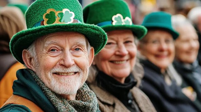 A group of senior people wearing green hats with shamrocks. They are smiling and enjoying a festive atmosphere