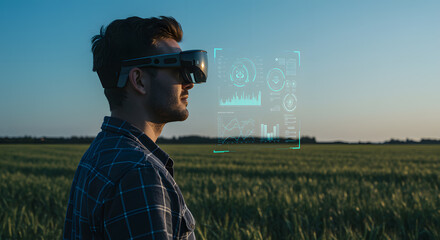 Young Man Wearing Virtual Reality Headset Standing in Green Field with Digital Data Overlay During Sunset
