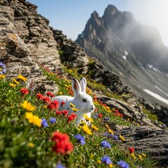 Adorable white rabbit nestled amongst vibrant alpine wildflowers with a dramatic mountain backdrop