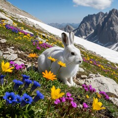 Alpine Hare Amidst Vibrant Wildflowers in Mountain Landscape
