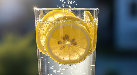 Sparkling Lemon Slices in a Glass of Water with Bubbles and a Sunlit Background