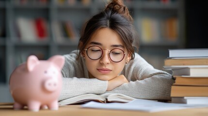 A young girl with glasses is resting her head on a stack of books in a library.