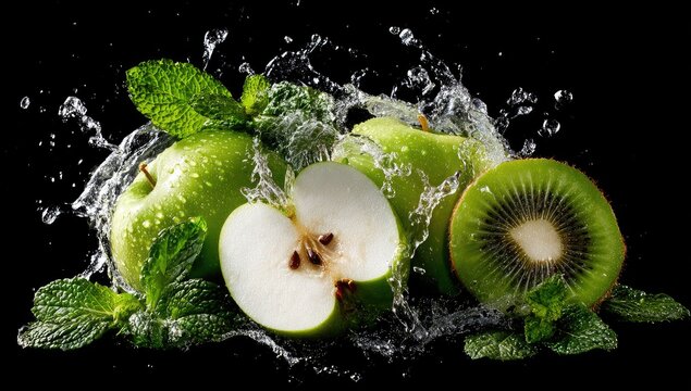 Fresh green apples and kiwi with mint leaves in water splashes on black background - Powered by Adobe