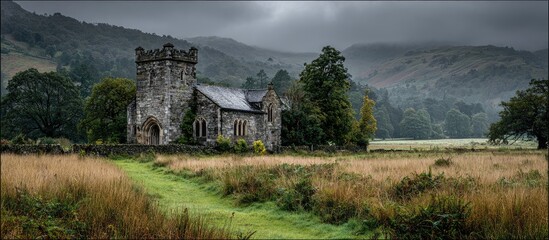 A weathered stone church stands in a misty, rural landscape
