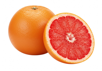 A whole grapefruit and a half grapefruit showing its juicy pink flesh, isolated on transparent background