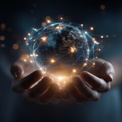 Hands embracing luminous network globe, futuristic connections, AI-driven future, blockchain innovation, fintech solutions, global commerce, cybersecurity security, cloud data transfer, machine 