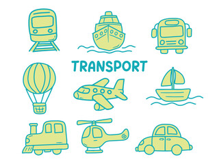 Set of icons with Transportation theme. With doodle style. For layout, website, graphic design.	