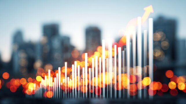 Stock market graph with an upward arrow, city skyline in the background, and bokeh lights.