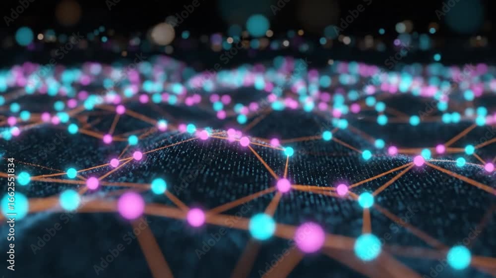 Poster abstract digital network connection with glowing nodes in dark blue background