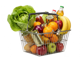 A full shopping basket filled with fresh fruits, vegetables, and canned goods, isolated on transparent background