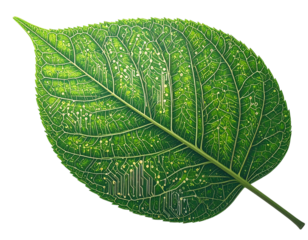 Leaf with Circuit Patterns Symbolizing Nature and Technology Fusion