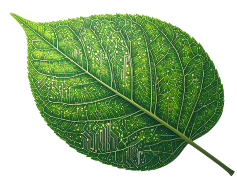Leaf with Circuit Patterns Symbolizing Nature and Technology Fusion