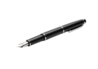A black fountain pen with a silver clip and nib, isolated on a transparent background, representing writing and communication