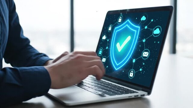 Close Up of Person Typing on Laptop with Security Shield Graphic Displayed