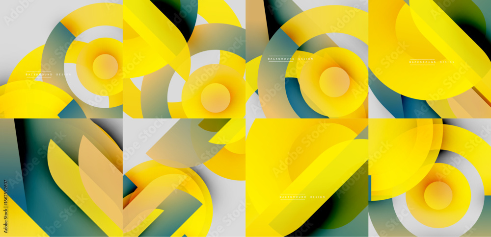 Poster abstract geometric designs. yellow, teal, white shapes overlap creating dynamic visual patterns. mod